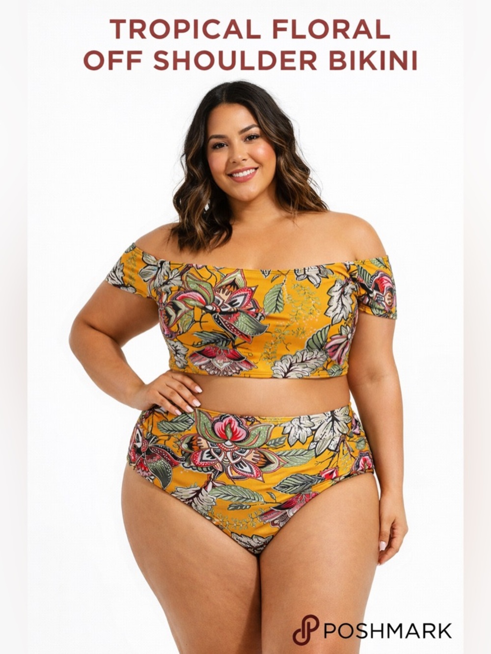 Off-Shoulder High Waist Bikini in Mustard Yellow Floral - LARGE